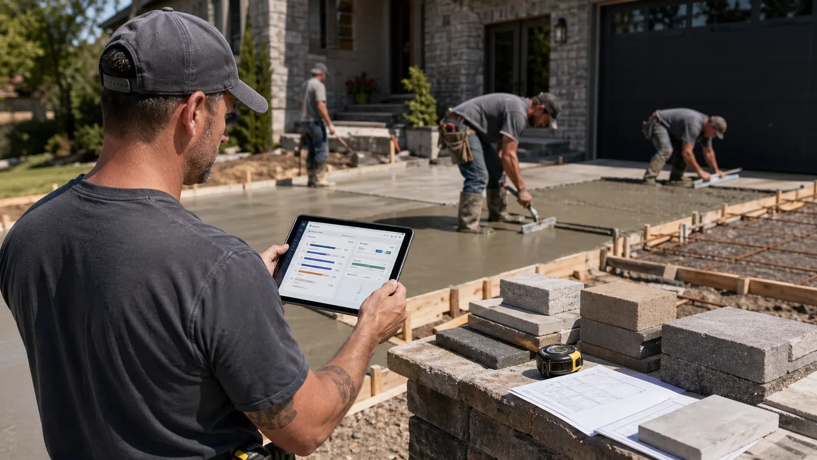 Concrete and masonry contractor using a tablet beside residential driveway project materials