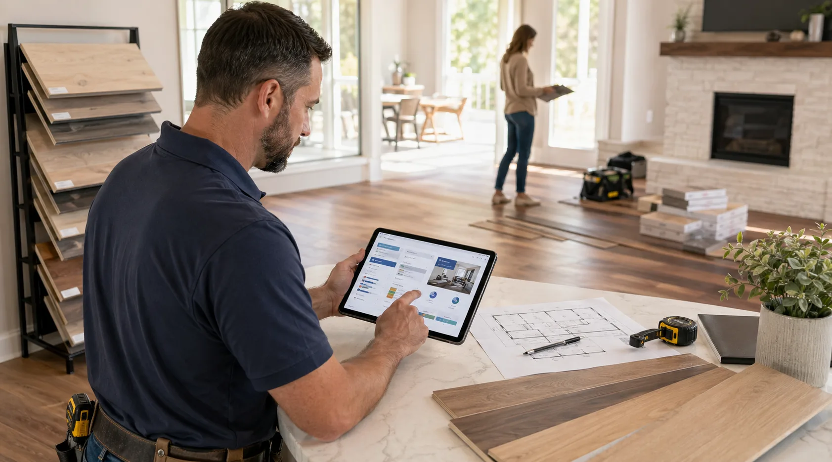 Flooring contractor reviewing samples and AI-assisted project workflow on a tablet