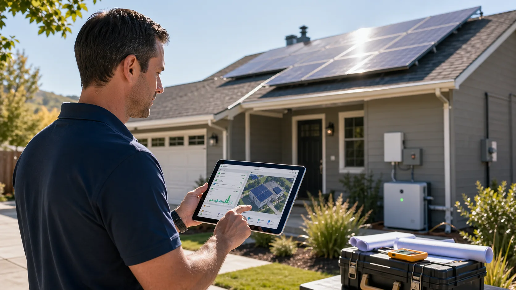 Solar and energy consultant reviewing proposal workflow on a tablet near a residential home