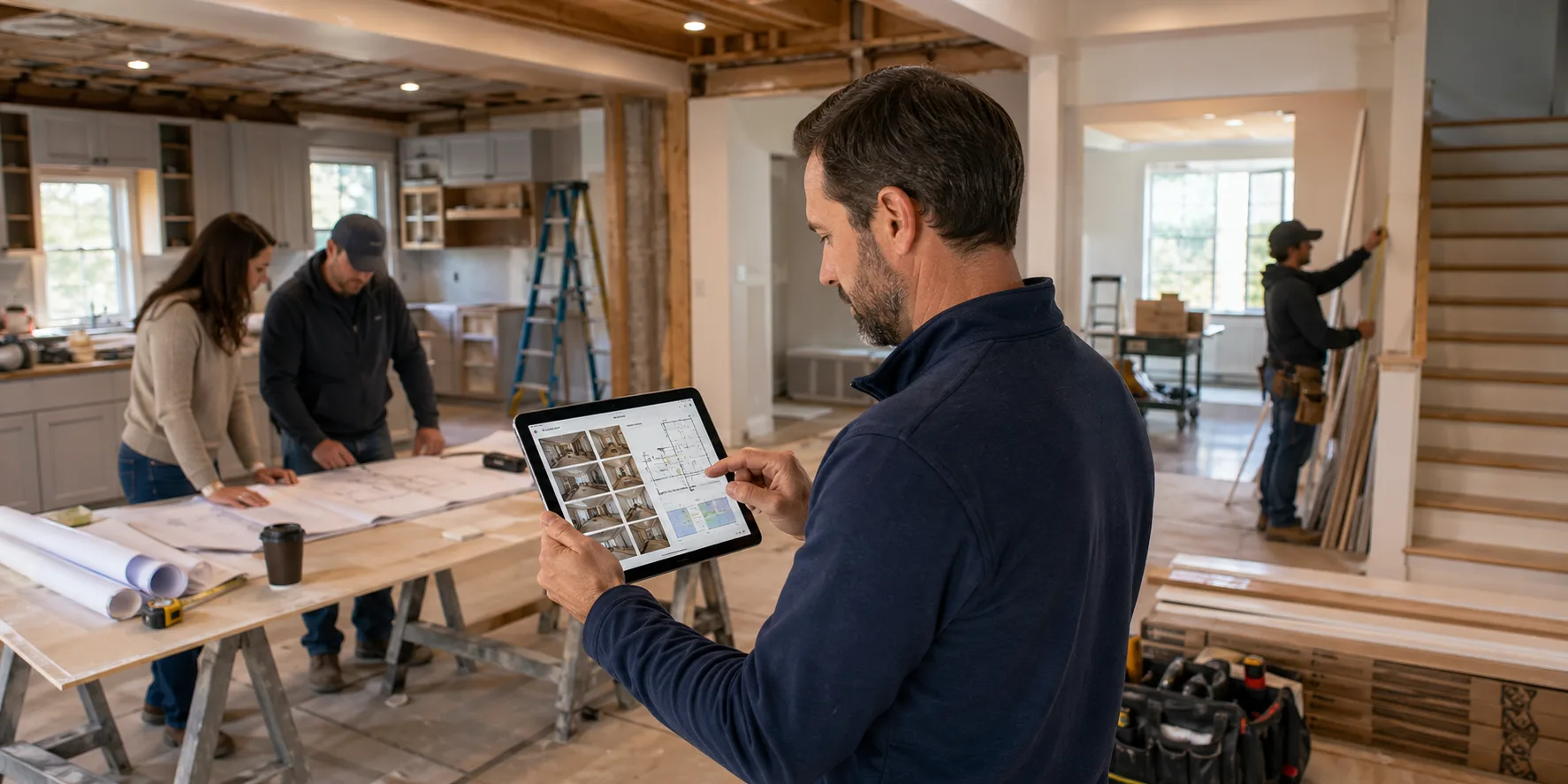 Whole-home remodeling contractor reviewing phased project plan and tablet workflow